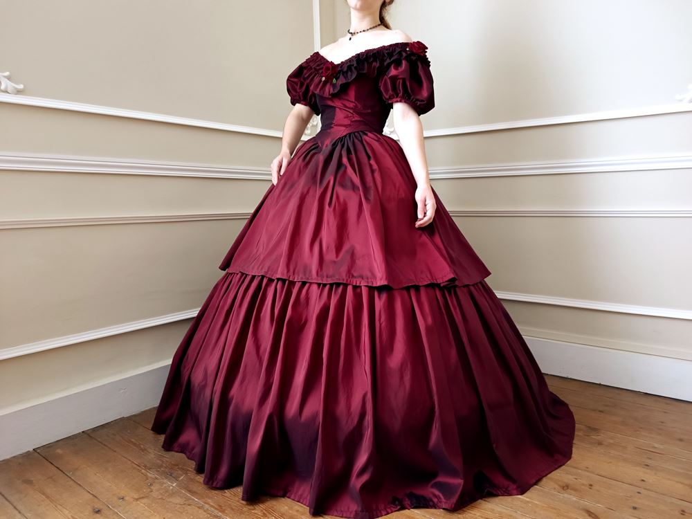 Second Empire dress in burgundy color