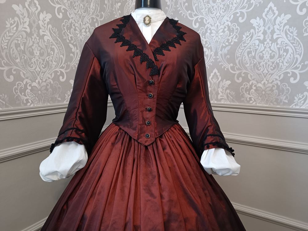Second Empire dress in burgundy color