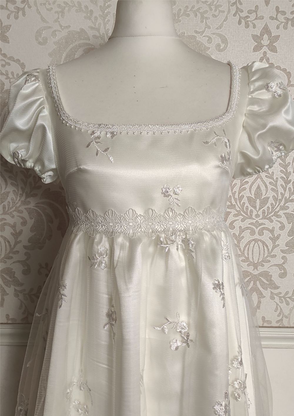 Dress 1st Empire/Regency, ivory embroidered tulle